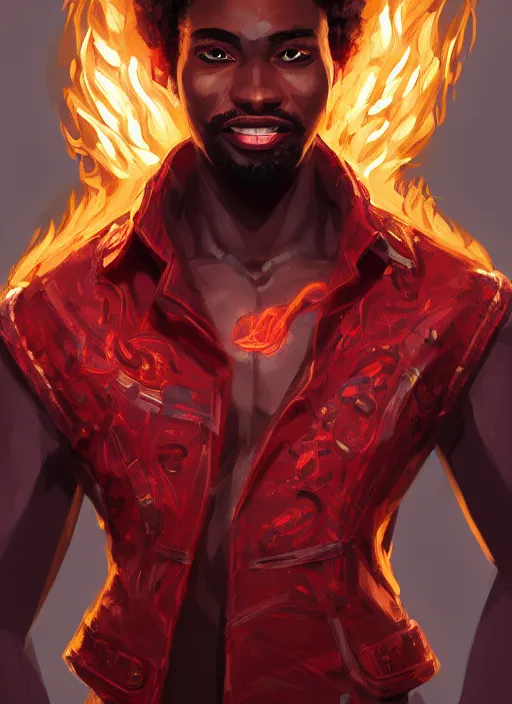 Image similar to a highly detailed illustration of attractive top cut haired african guy wearing red jacket, flaming glowing eyes, dramatic smile pose, intricate, elegant, highly detailed, centered, digital painting, artstation, concept art, smooth, sharp focus, league of legends concept art, wlop