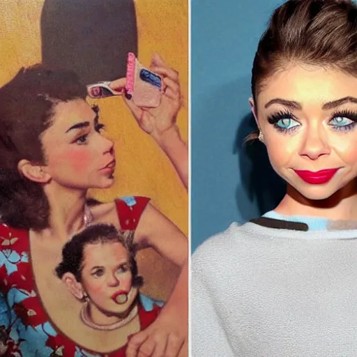 Prompt: sarah hyland making a duckface selfie, art by norman rockwell