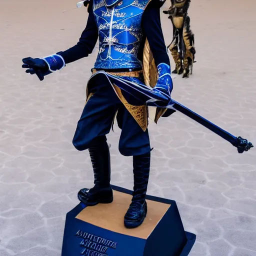 Prompt: low angle upper view of Austin Butler dressed in futuristic-baroque prussian blue duelist-garb and nanocarbon-vest and greaves with Griffin-Ram heraldry emblem, standing in an arena in Dune 2020, XF IQ4, f/1.4, ISO 200, 1/160s, 8K, RAW, unedited, symmetrical balance, face in-frame