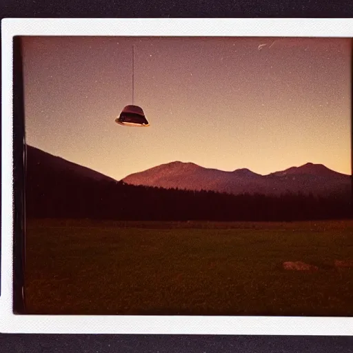 Prompt: a ufo flying over a distant mountain at night, historical photo, old polaroid, expired film,