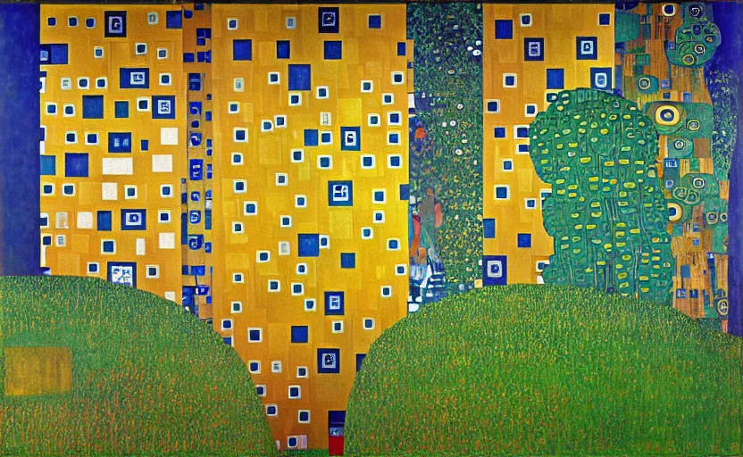 Prompt: geometric painting of industrial buildings surrounded by undergrowth by gustav klimt