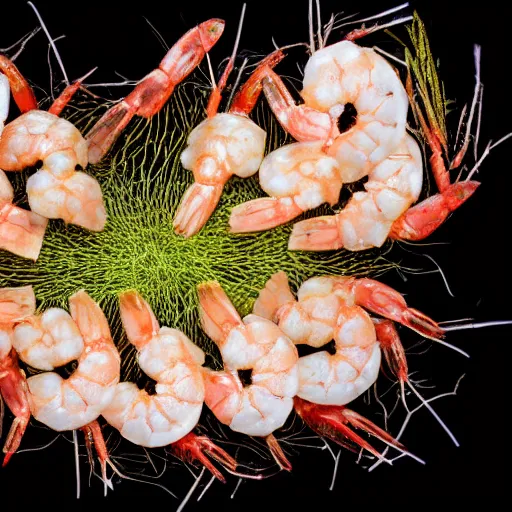 Image similar to a group of different types of shrimp on a black background, a microscopic photo by earnst haeckel, shutterstock contest winner, synchromism, bioluminescence, made of insects, made of feathers