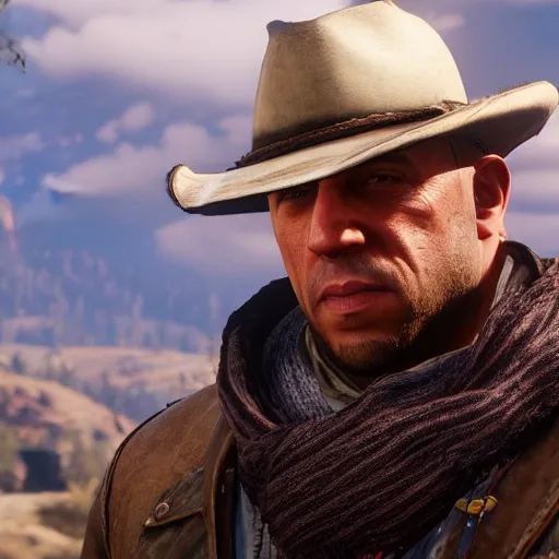 Image similar to a screenshot of vin diesel in red dead redemption 2 as arthur morgan