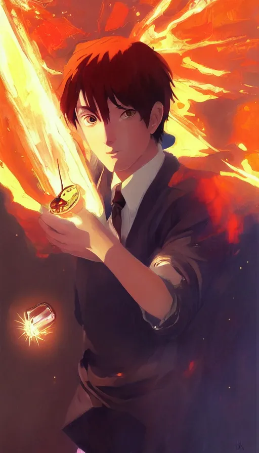 Prompt: fine - face, realistic shaded perfect face, fine details, orange - ish cosmic setting, anime style, realistic shaded lighting poster by katsuhiro, ilya kuvshinov, artgerm, jeremy lipkin and michael garmash, rob rey and kentaro miura style, trending on art station, nikola tesla holding a tesla coil, accomplished look, glowing energy