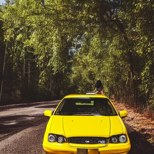 Prompt: funny running away from a tiny fast yellow car in the wild