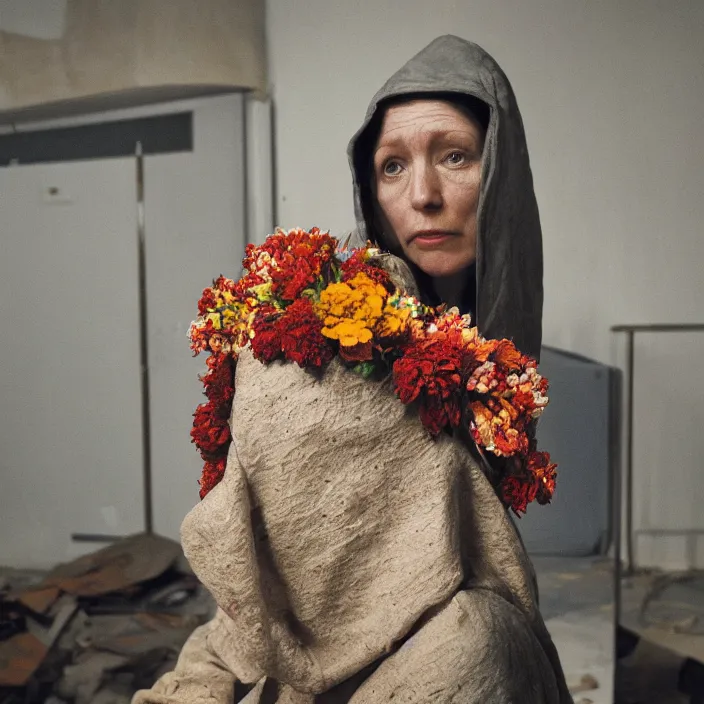 Prompt: a woman wearing a hood made of wire and zinnias, in an abandoned office building, by lucien freud, canon eos c 3 0 0, ƒ 1. 8, 3 5 mm, 8 k, medium - format print