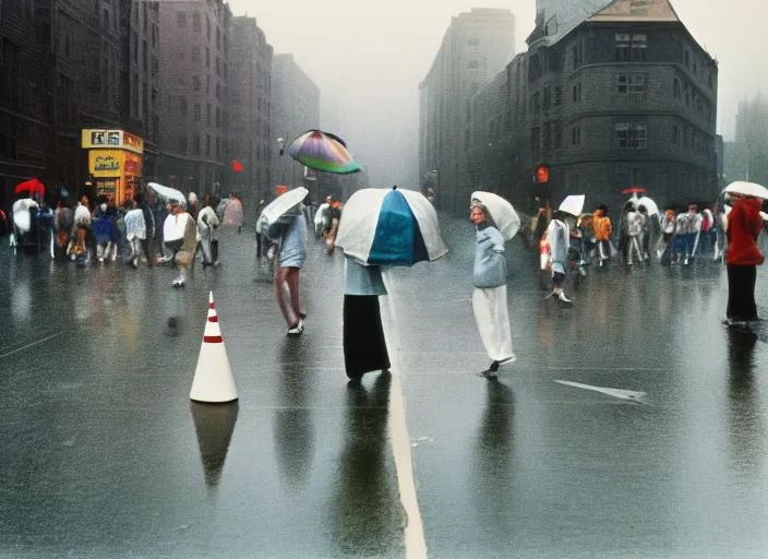 Image similar to realistic photo portrait of a crowd of people wearing white shorts, cone heads, walking on the street, grey sky with rainbow and rain 1 9 9 0, life magazine reportage photo, natural colors