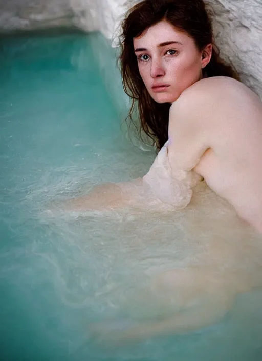 Image similar to Kodak Portra 400, 8K, soft light, volumetric lighting, highly detailed, britt marling style 3/4 ,portrait photo Close-up portrait photography of a beautiful woman how pre-Raphaelites, the face emerges from Pamukkale, thermal waters flowing down white travertine terraces, inspired by Ophelia paint ,and hair are intricate with highly detailed realistic beautiful flowers , Realistic, Refined, Highly Detailed, interstellar outdoor soft pastel lighting colors scheme, outdoor fine art photography, Hyper realistic, photo realistic