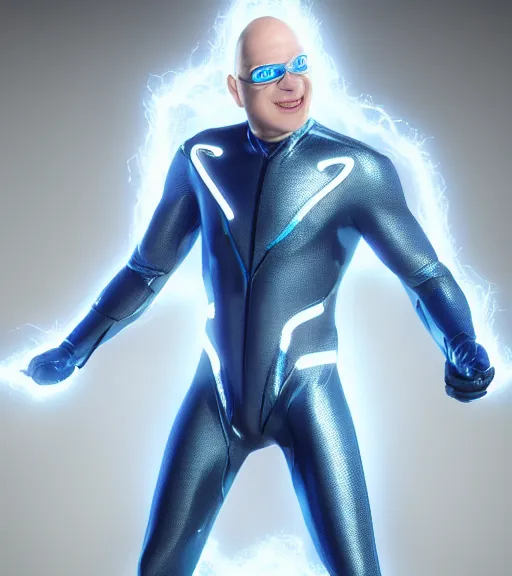 Image similar to bald albino man wearing silver goggles and an electric blue super hero suit, generates lightning from his hands, sharp, trending on artstation, unreal engine, octane render, cgsociety, artgerm, award - winning, focus, highly detailed