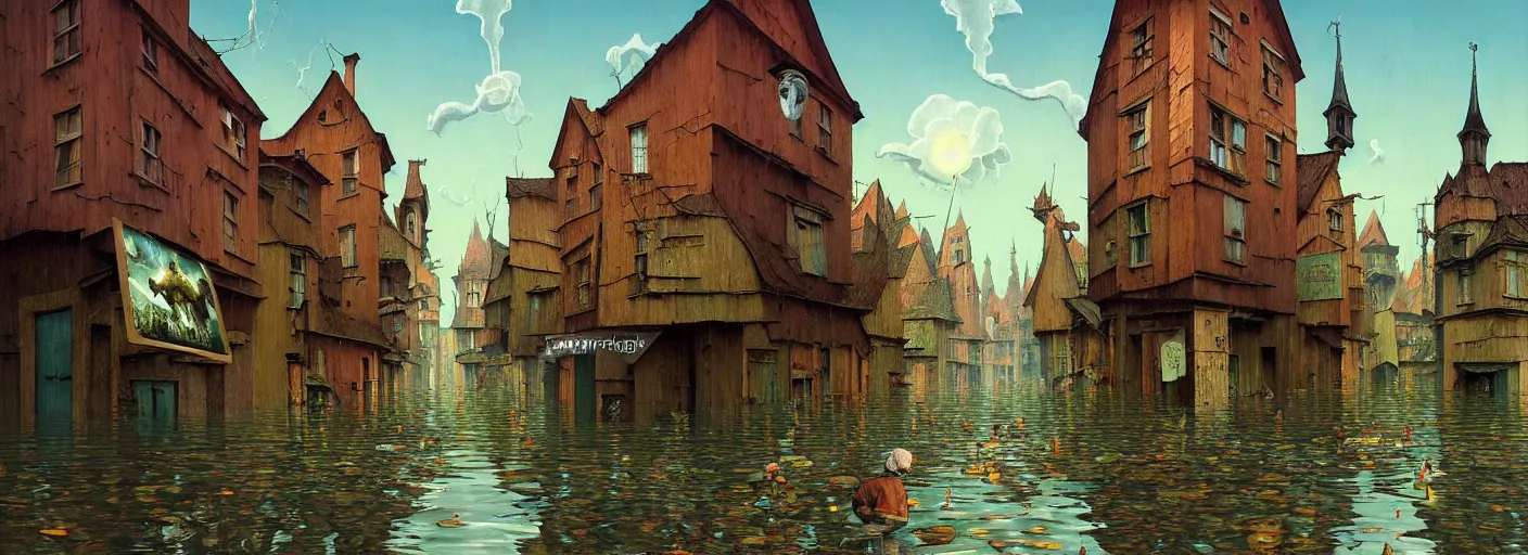 Image similar to flooded! old wooden empty cursed city street, very coherent and colorful high contrast masterpiece by gediminas pranckevicius rene magritte norman rockwell franz sedlacek, full - length view, dark shadows, sunny day, hard lighting, reference sheet white background