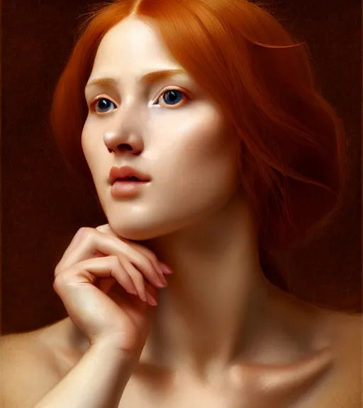 Image similar to portrait of a beautiful auburn - haired woman sitting upon a table with heightened detail, poised, intense emotion, detailed facial expression, detailed surroundings, intricate, elegant, highly detailed, centered, digital painting, artstation, concept art, smooth, sharp focus, illustration, by ( leonardo da vinci ), wlop