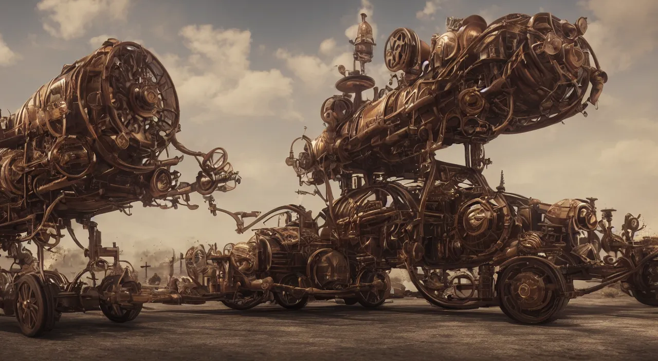 Prompt: Steampunk car, 8K, from a distance, trending on artstation, 8K 3D, volumetric light, lightrays, smoke, cinematic, atmospheric, octane render, insanely detailed and intricate by jules verne