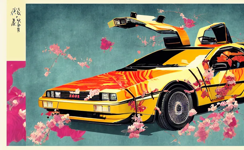 Image similar to a red delorean and yellow tiger, art by hsiao - ron cheng and utagawa kunisada, magazine collage, # de 9 5 f 0