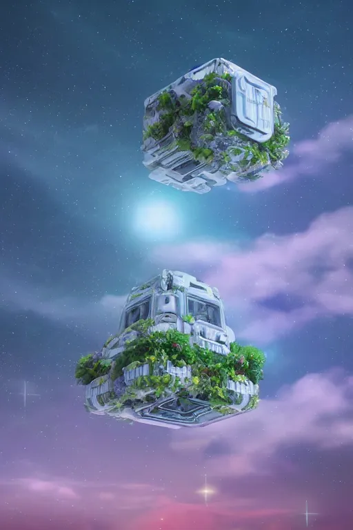 Image similar to multi level botanical garden spaceship floating in space, calm, tranquil, faded effect, detailed, vaporwave colors, render by substance designer