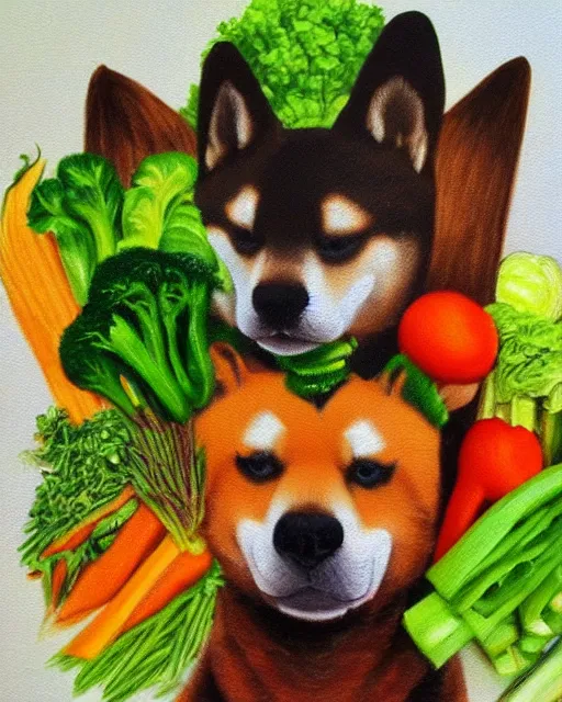 Image similar to shiba made of vegetables, oil painting, portrait