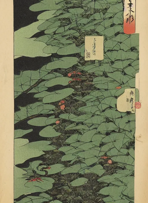 Prompt: fantasy scientific botanical illustration of a green leafy plant that grows on top of waterfalls ,Ukiyo-e