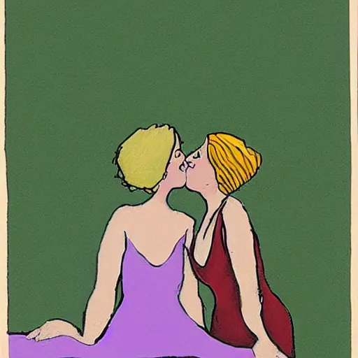 Prompt: bill plympton art of two women kissing