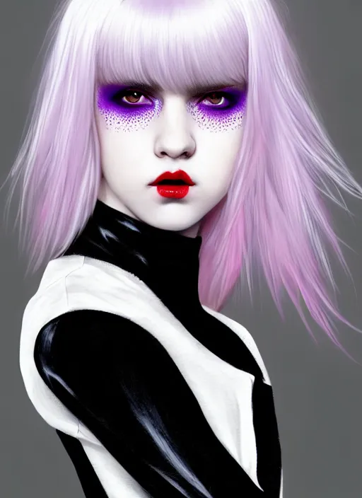 Image similar to portrait of white teenage girl, normal face, white bangs, mall goth, cyberlox, black and white hair, bangs, fluffy bangs, red contact lenses, purple lipstick, intricate, elegant, highly detailed, digital painting, artstation, concept art, sharp focus, smooth, illustration, art by wlop, mars ravelo and greg rutkowski