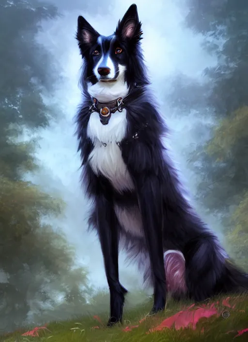 Prompt: wide angle full body portrait of a cute male anthropomorphic border collie fursona wearing a jacket in front of a park, character design by charlie bowater, henry asencio, and ross tran, furry art, furaffinity, scenic background, intricate, elegant, beautiful, fantasy, glamor pose, detailed, trending on artstation