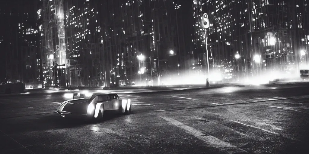 Image similar to retro futuristic car, city, atmospheric, hazy, cinematic, dark lighting, underexposed, cinematography by greig fraser,