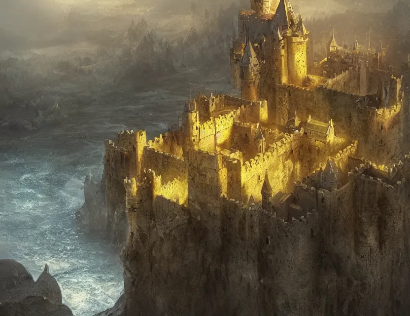 Image similar to Fantasy solitary Castle on a plain, near a river, yellow roofs. Joyful matte painting by Darek Zabrocki and Emmanuel Shiu, 4k ultra detailed, great composition cinematic.