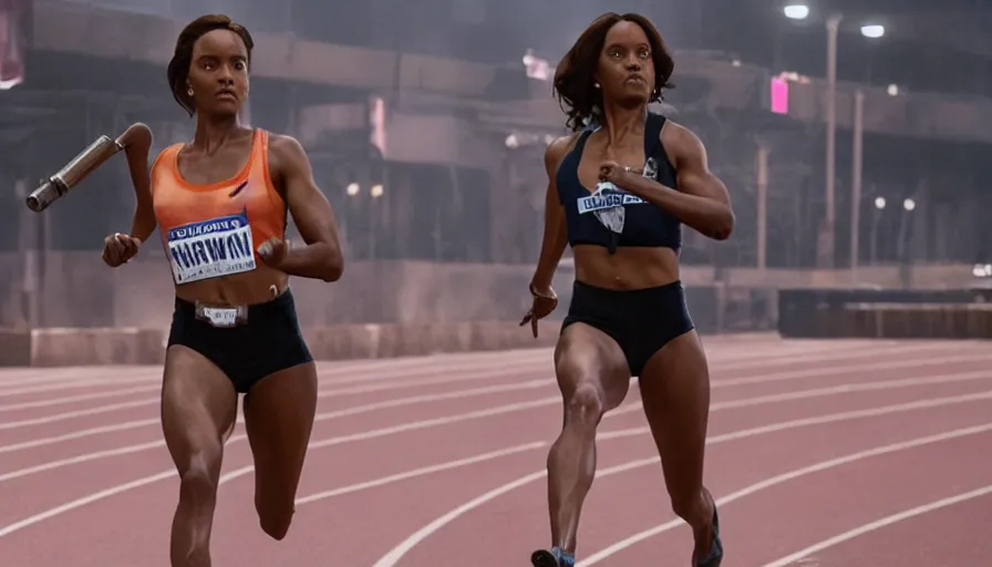 Image similar to Film Noir, John Wick, Inherent Vice, Olivia Pope, Olympics footage, female Sprinter athletes recovering from a race, tuning their mechanical legs with mechanics helping, intense moment, cinematic stillframe, dramatic lighting, The fifth element, vintage robotics, formula 1, starring Geena Davis