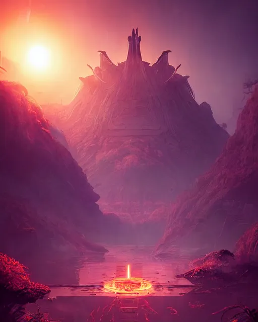 Image similar to alien temple, beautiful landscape, nier automata, protoss!!!!, machine planet, mothership in the sky, pink sun, tropical forest, colorful light, advanced technology, cinematic lighting, highly detailed, masterpiece, art by bastien grivet and darwin cellis and jan urschel