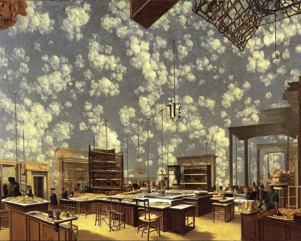 Prompt: achingly beautiful painting of a sophisticated, well - decorated bakery kitchen on a warm background by rene magritte, monet, and turner. giovanni battista piranesi.