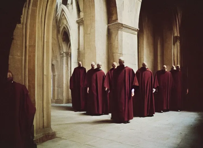 Prompt: humanoid alien robed benedictine monks sing in a stone gothic monastery kodak portra ektachrome