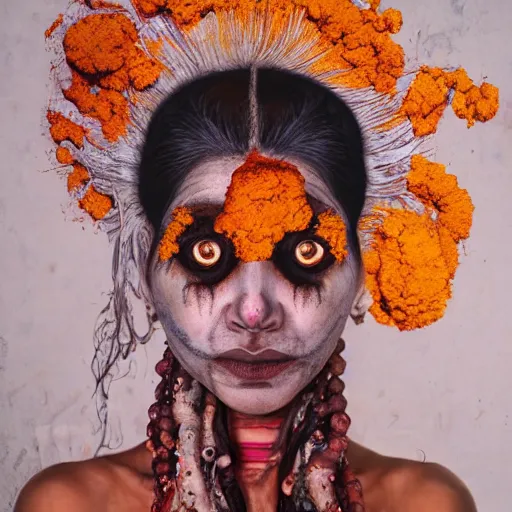 Image similar to realistic expired kodak film portrait of aghori albino india woman tentacled creature mix, marigold celestial vibe, hyperrealism, hypermaxiymalism, photorealistic, detailed, atmospheric, 8 k, award winning photography, cinematic