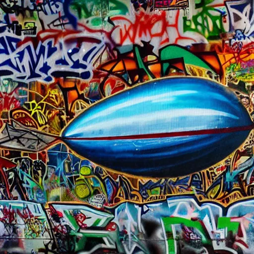 Prompt: a detailed photo of an airship full of graffiti