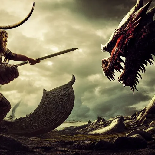 Image similar to An Epic depiction of Viking Ragnarok, warrior facing a dragon, realistic 4k octane beautifully detailed render, 4k post-processing, highly detailed, intricate complexity, epic composition, magical atmosphere, cinematic lighting, masterpiece, ultra hd