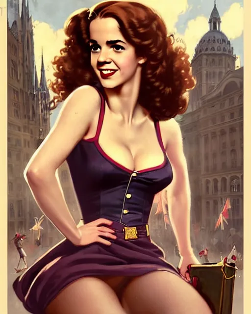 Image similar to pinup photo of hermione granger by emma watson in the crowded square of the city, by greg rutkowski, gil elvgren, enoch bolles, kezie demessance, glossy skin, pearlescent, very coherent, very detailed