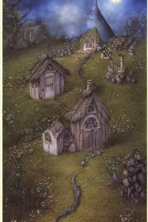 Image similar to beautiful matte painting of a cottage on a hill whimsical by brian froud and bridget bate tichenor