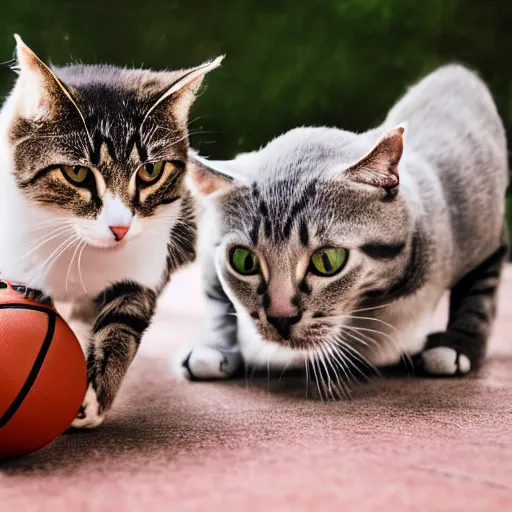 Image similar to two cats playing basketball, very detailed, album photo, canon shot