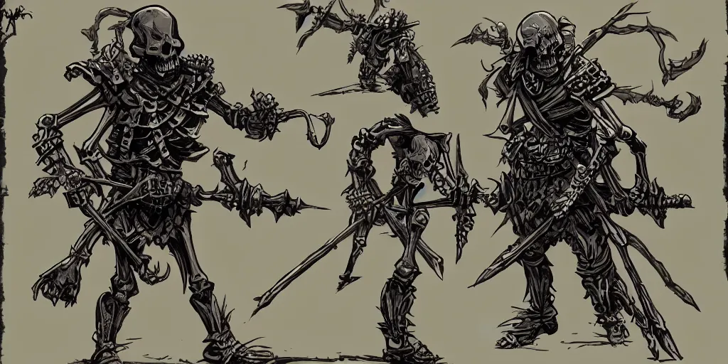 Prompt: skeleton enemy character design. idle. attack. darkest dungeon. pc game. sideview. transparent background. art by moebius and thomas kinkade and greg rutkowski.