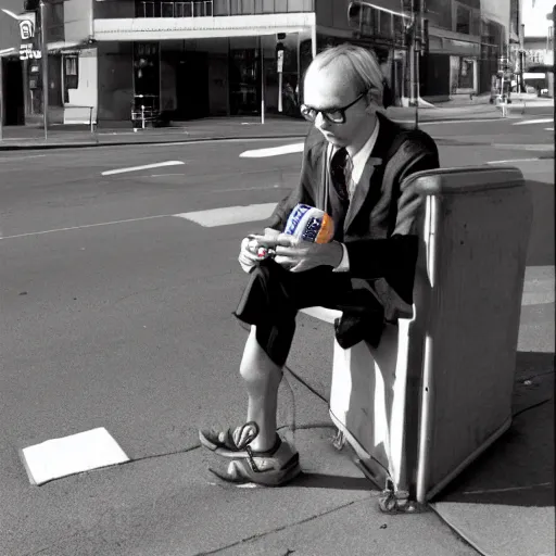 Image similar to hugh hopper on a street corner eating an orange and sipping pepsi
