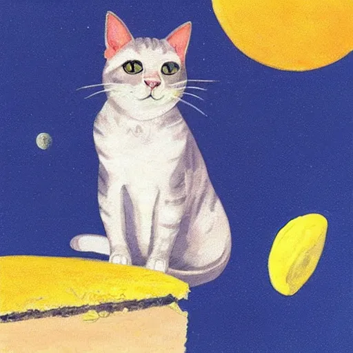 Image similar to “ a cat sitting on the moon made of cheese, bright color, by coby whitmore ”