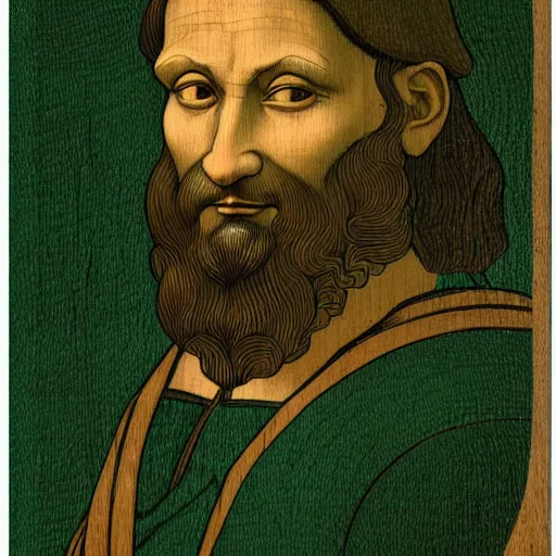 Image similar to portrait of leonardo da vinci in simple green background in the style of japanese cartoon and japanese wood print