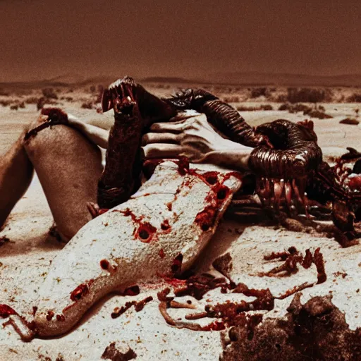 Prompt: in the desert a bloody The Thing creature made of muscle and bone and blood, mid day, 35mm photography, realistic,