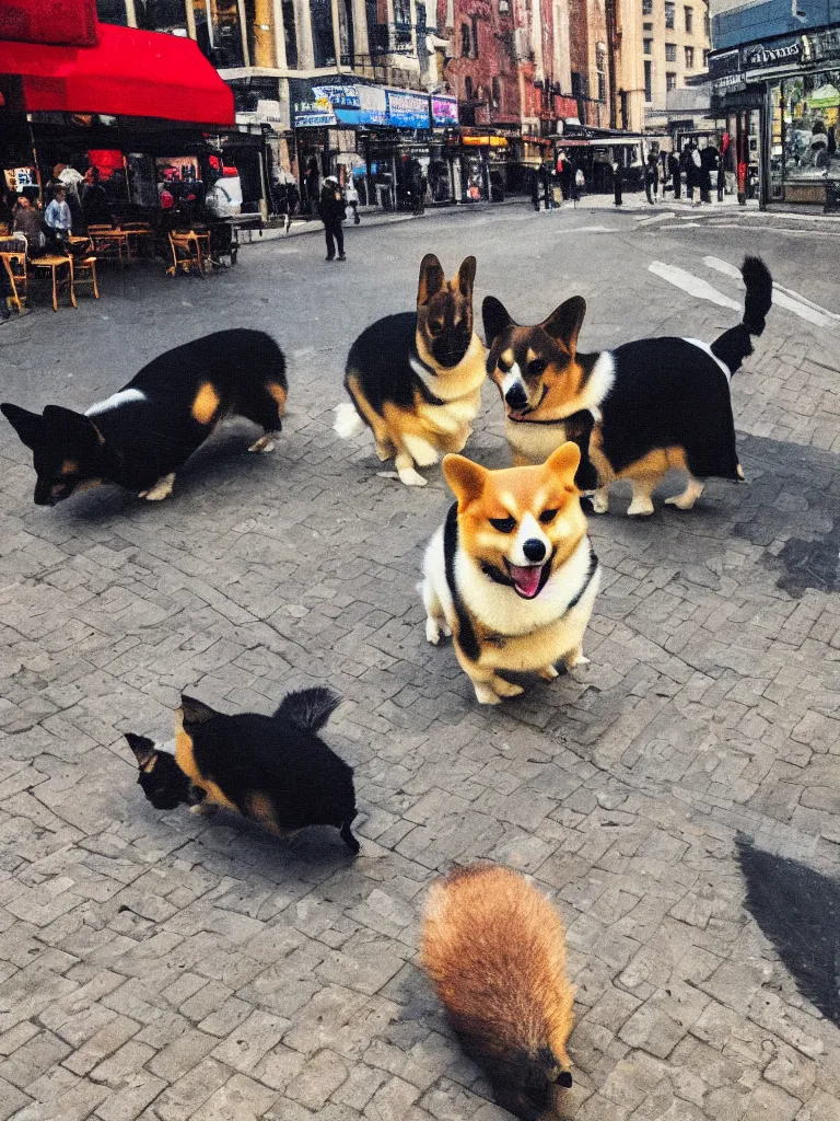 Prompt: happy corgie on the city street detalized morning impressionism style
