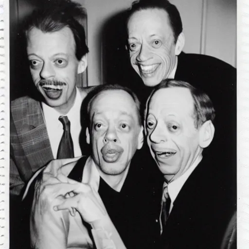Image similar to polaroid group picture of steve buscemi, don knotts and pete davidson having a great time together
