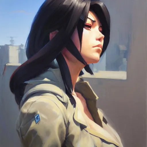 Image similar to Greg Manchess portrait painting of Mikasa Ackermann as Overwatch character, medium shot, asymmetrical, profile picture, Organic Painting, sunny day, Matte Painting, bold shapes, hard edges, street art, trending on artstation, by Huang Guangjian and Gil Elvgren and Sachin Teng