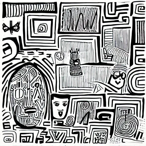 Prompt: black and white composition of a variety of doodles, drawings, faces, symbols, cartoons, lineart, chinese ink brush