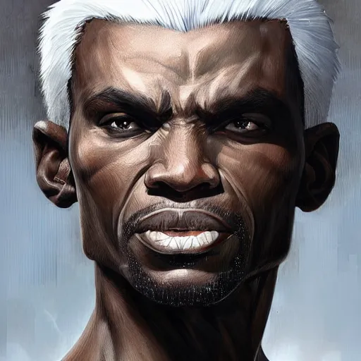 Image similar to wow, fanart hideous muscular black man with white hair and a protruding jaw with visible pectoral muscles, detailed, digital art, artstation, smooth, sharp focus, art by artgerm, greg rutkowski, alphonse mucha