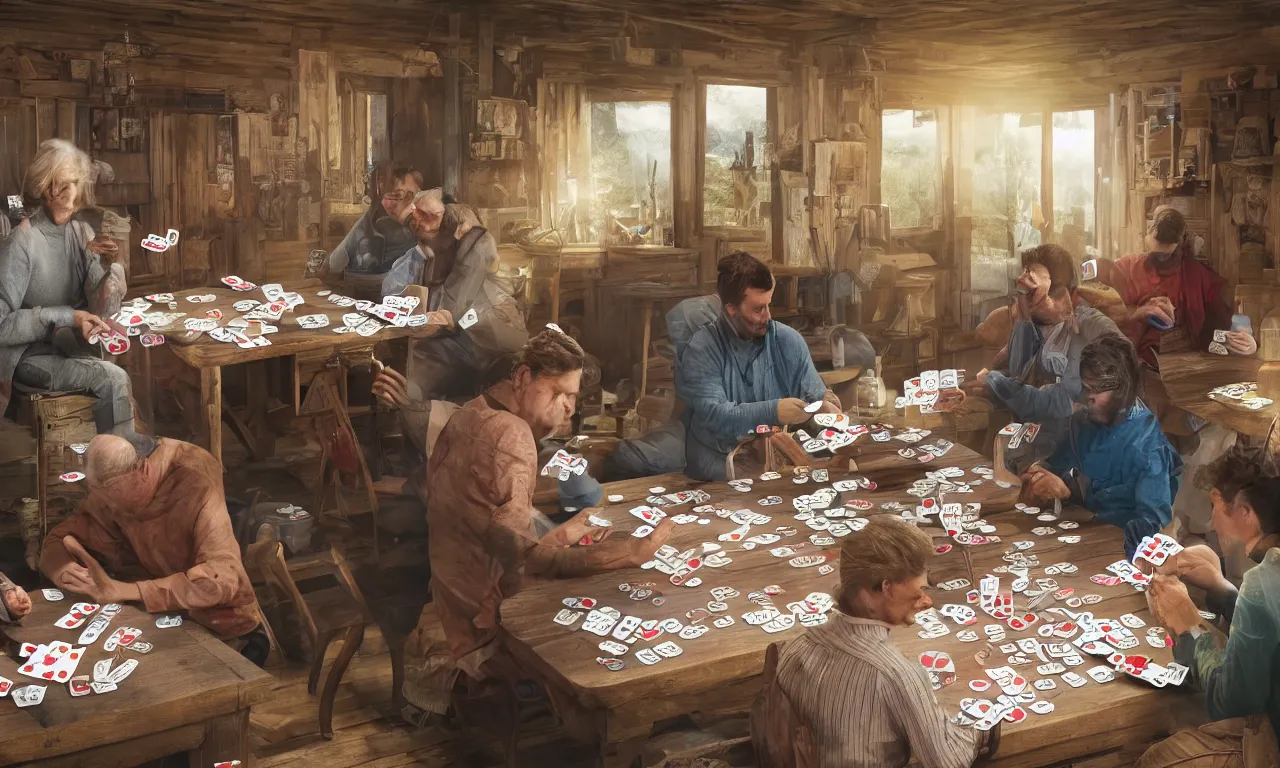 Prompt: color photorealistic 4 k of people playing cards in a shack
