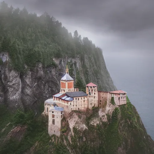 Image similar to old european monastery on the side of a cliff rainy atmosphere 8k photorealistic