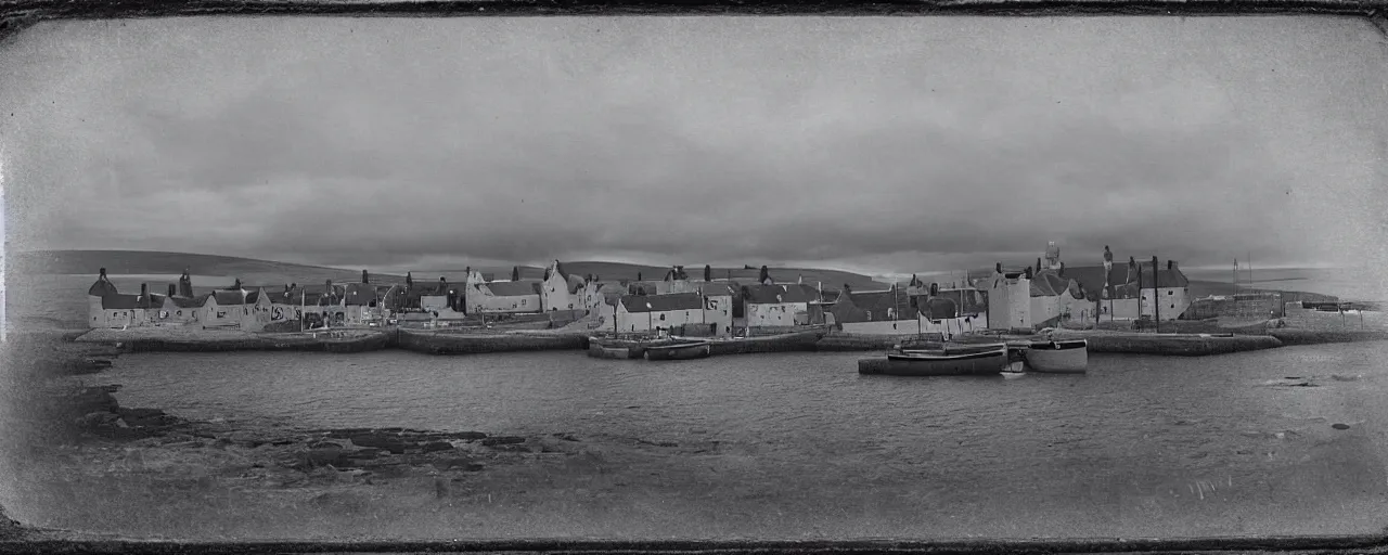 Image similar to a tintype photograph of the harbour at Stromness orkney