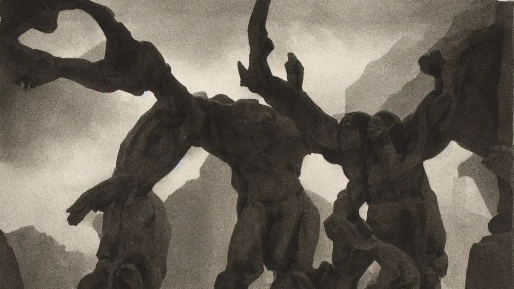 Prompt: a medieval chiaroscuro lithograph of a colossal sculpture by kurt seligmann and edward steichen, enormous creatures augment my desire coming out of a fog