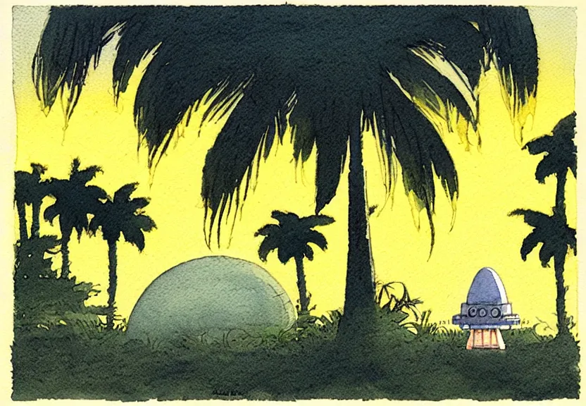 Image similar to a simple watercolor fantasy concept art of a dark grey boxy ufo next to a palm tree at night. by studio ghibli, rebecca guay, michael kaluta, charles vess